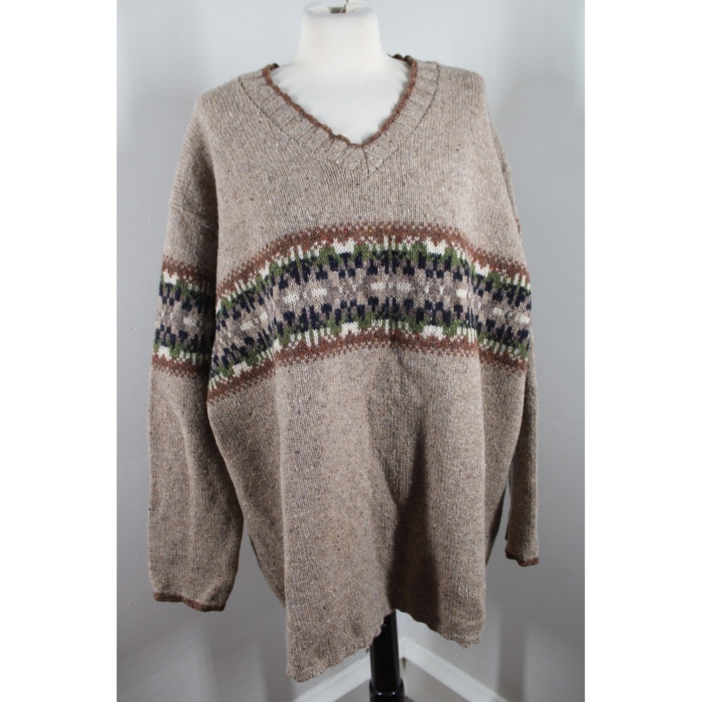 Vtg 90s Eddie Bauer XXL Brown Wool V-Neck Knit Sweater Fair Isle USA